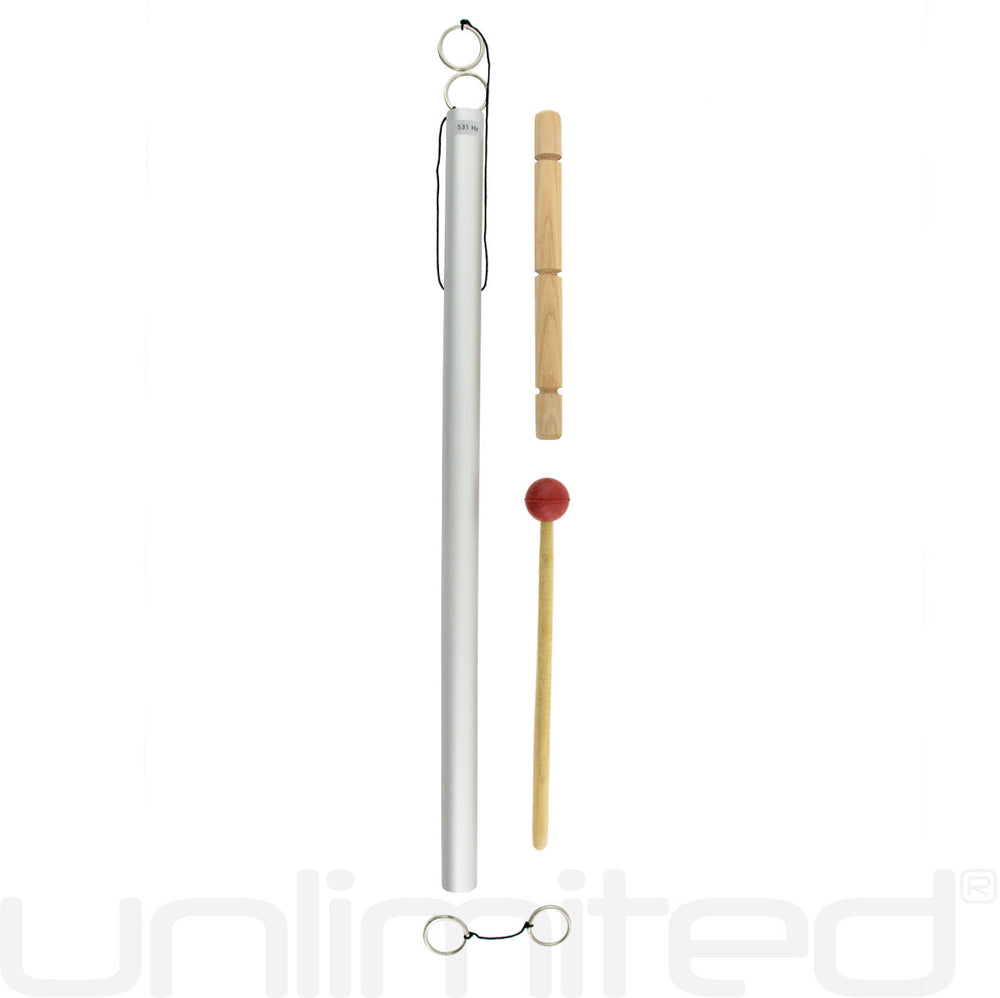 Silver healing chime with wooden rods and small red ball detail