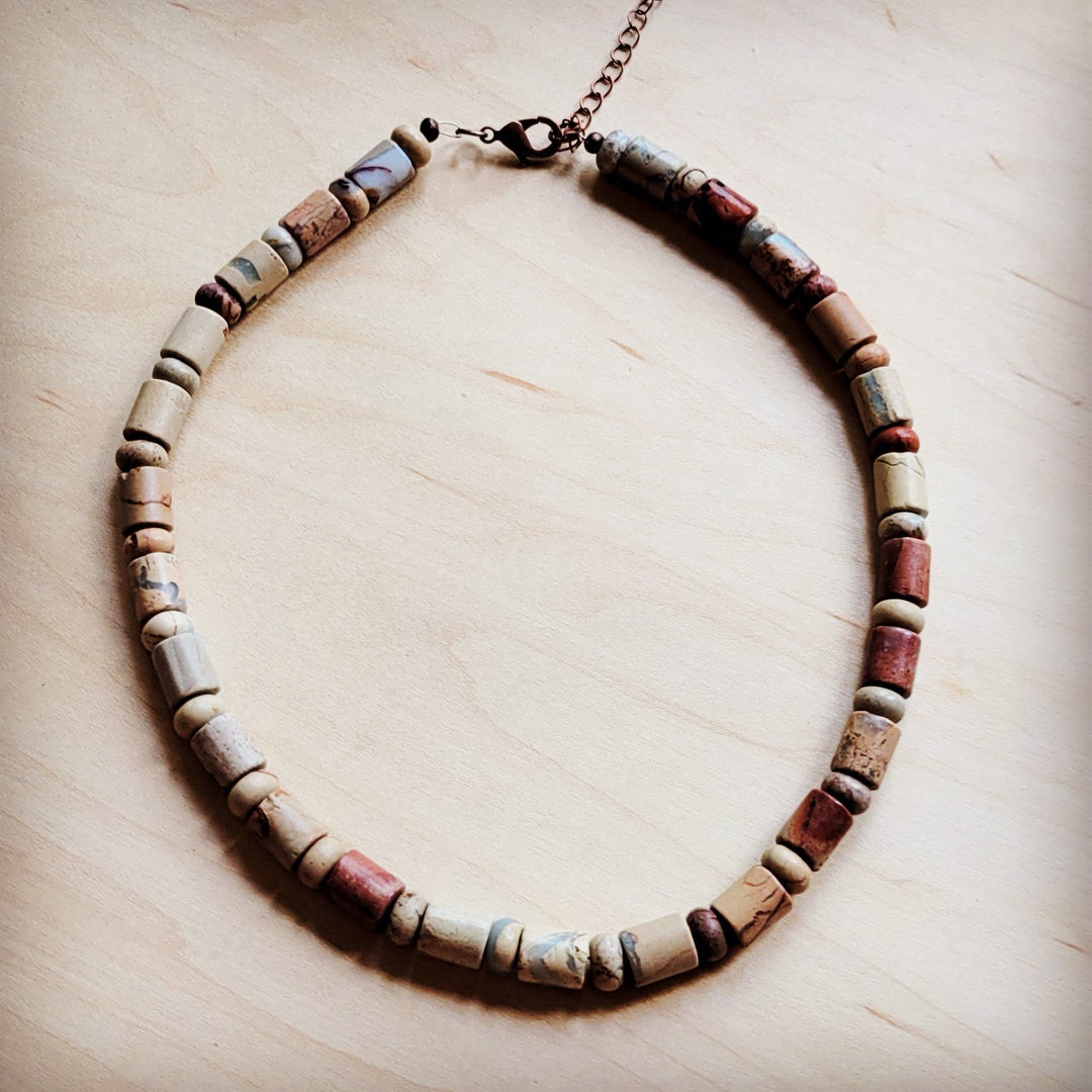 Barrel beaded collar necklace with multicolor stone-look beads and copper chain