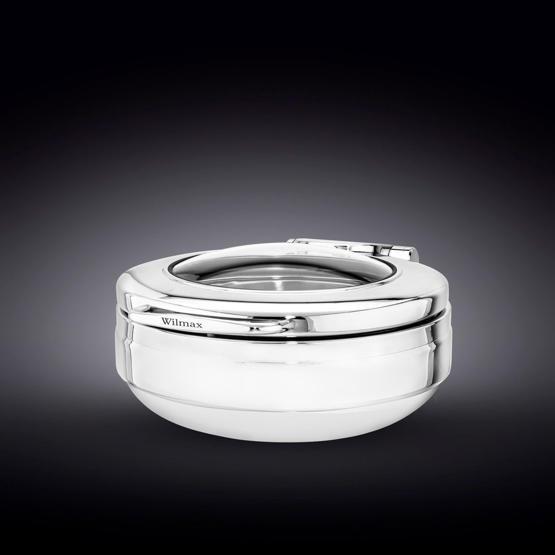 Round stainless steel chafing dish with clear glass lid and chrome base