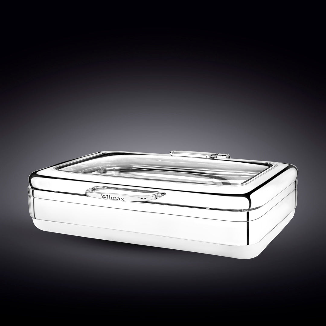 Rectangular chafing dish glass lid with chrome frame and hinge, Wilmax branding