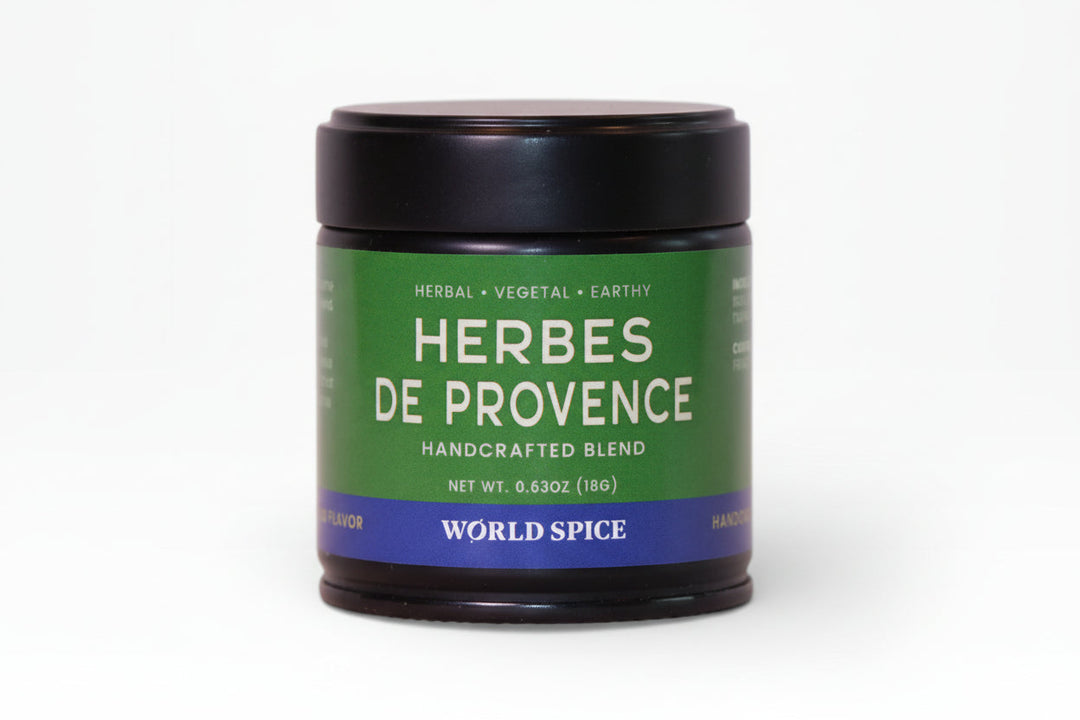 Herbes de Provence spice jar with black lid and green label, hand-crafted blend