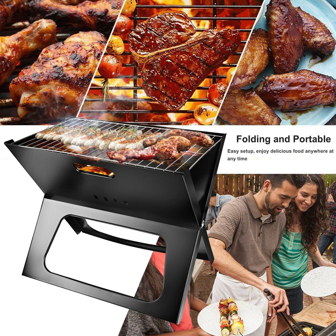 Portable charcoal grill with food on wire grate, plus people setting up at outdoors