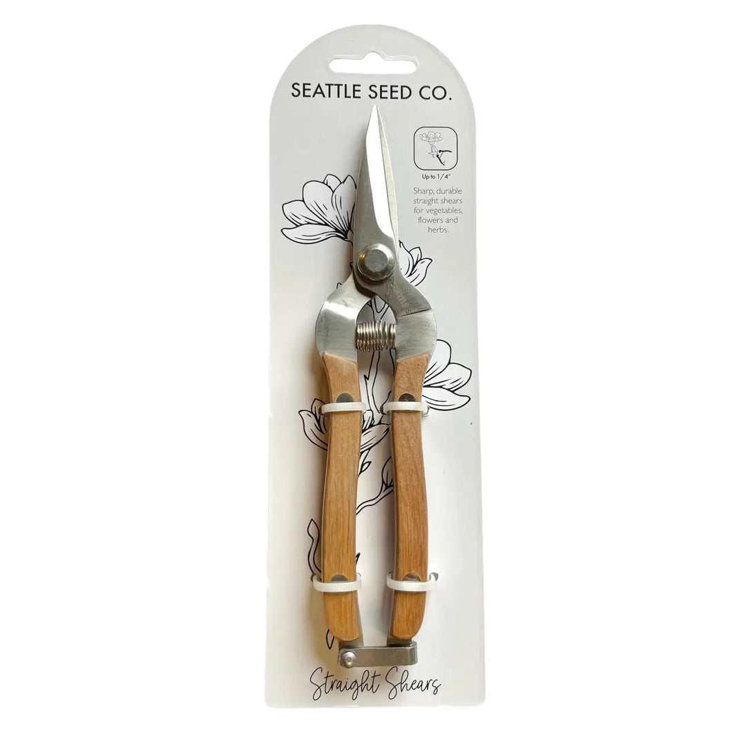 Garden straight shears with wooden handles and metal blades in retail package