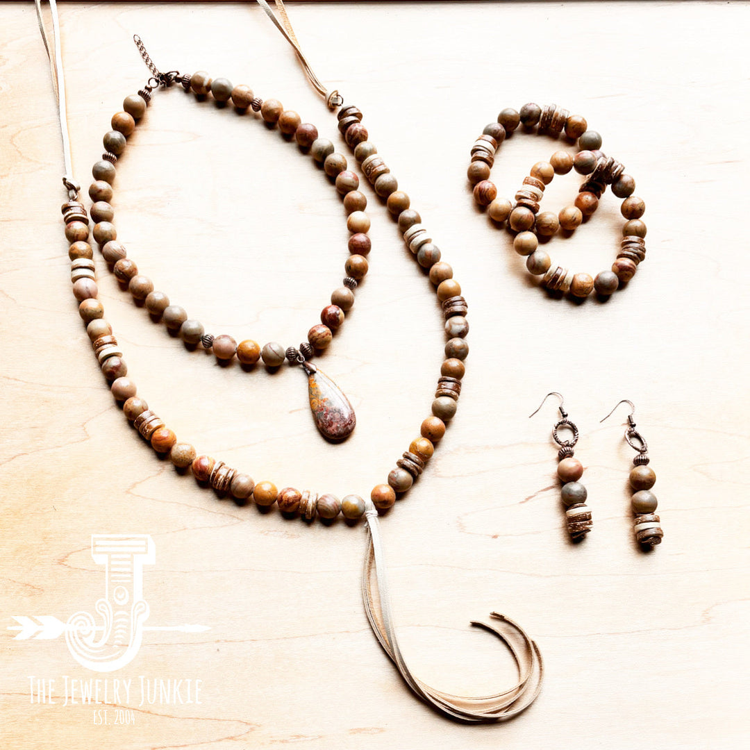 Beaded drop earrings with rainbow jasper and wood-tone beads, hoop detail