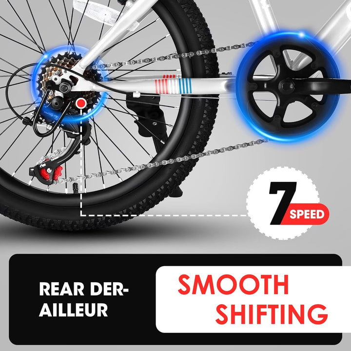 Kids mountain bike drivetrain close-up with chain, rear wheel, and sprockets