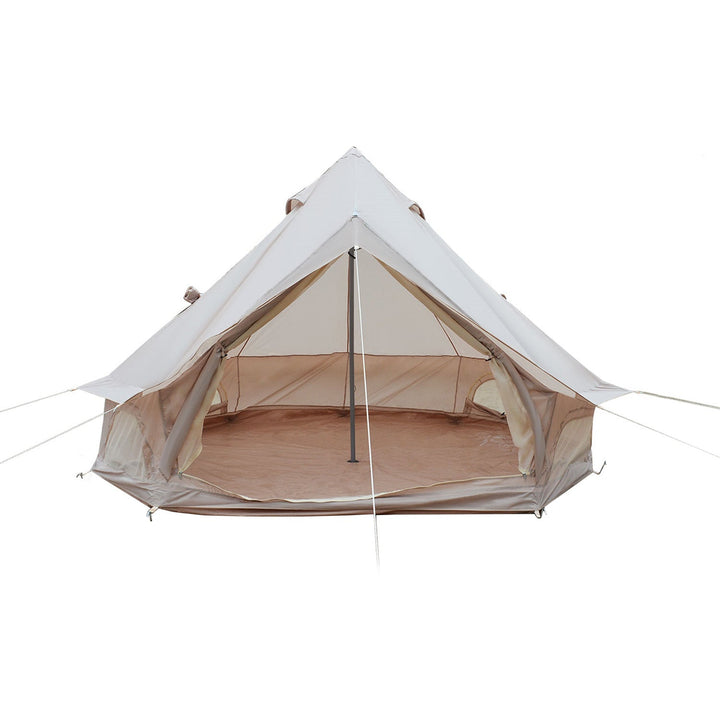 Bell tent with open front doorway and visible interior poles, beige fabric