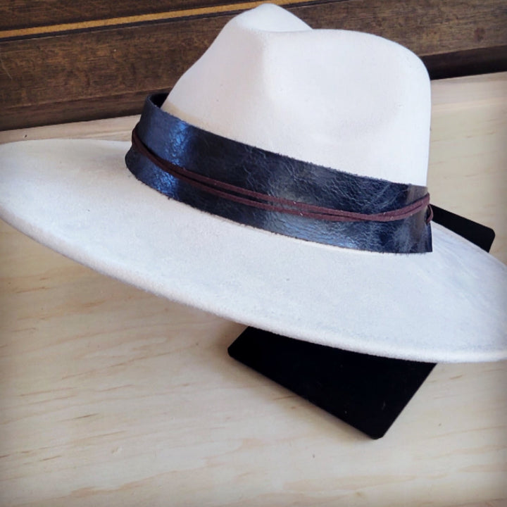 Black wide genuine leather hat band with thin brown edge trim