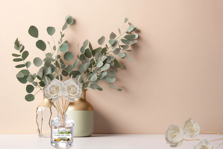 Reed diffuser bottle with wooden reeds in clear glass vase, eucalyptus-style leaves decor