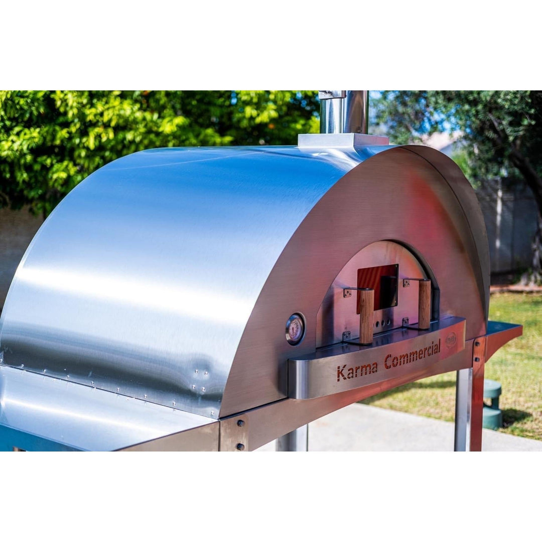 Karma Commercial stainless steel wood-fired oven side with arched door and control panel