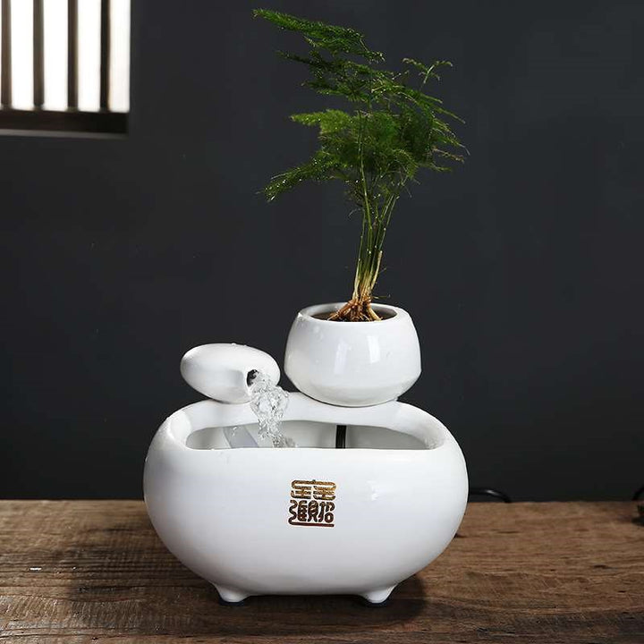 Ceramic Flowing Water Fountain with Mist – Desktop Zen Humidifier Ornament