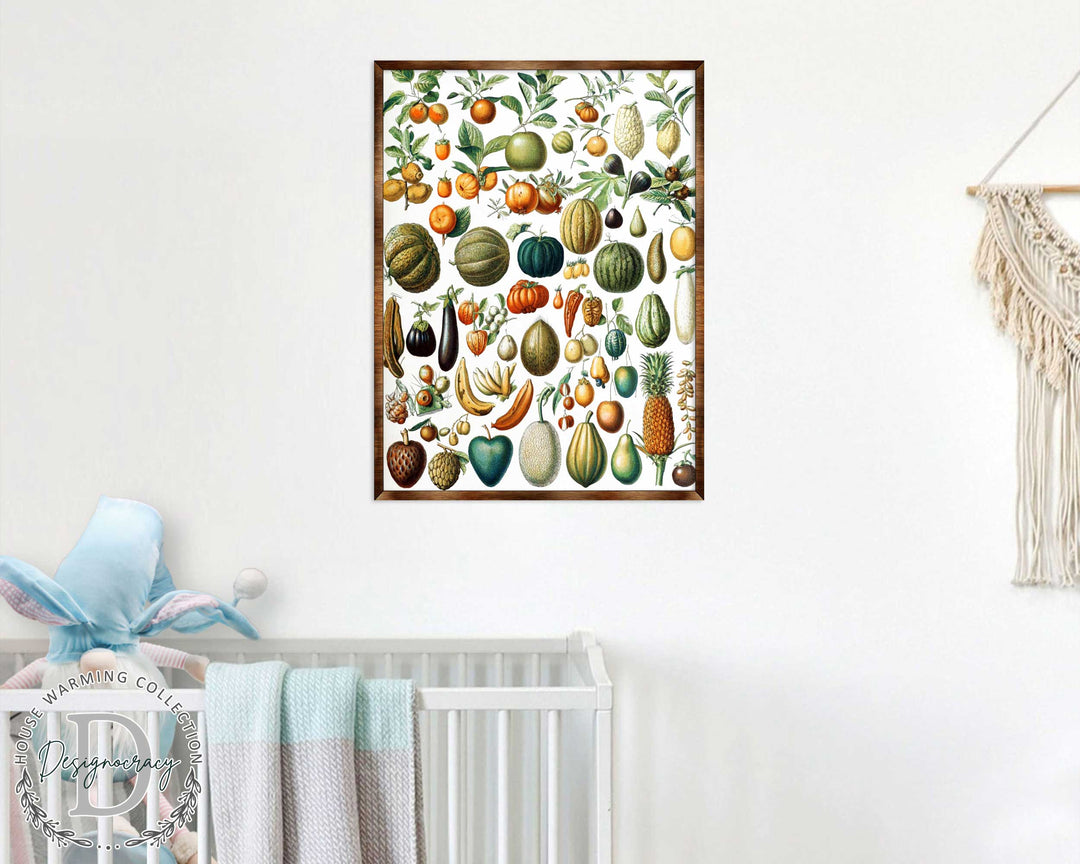 Framed fruit-themed wooden kids poster displaying colorful illustrated fruit and foliage