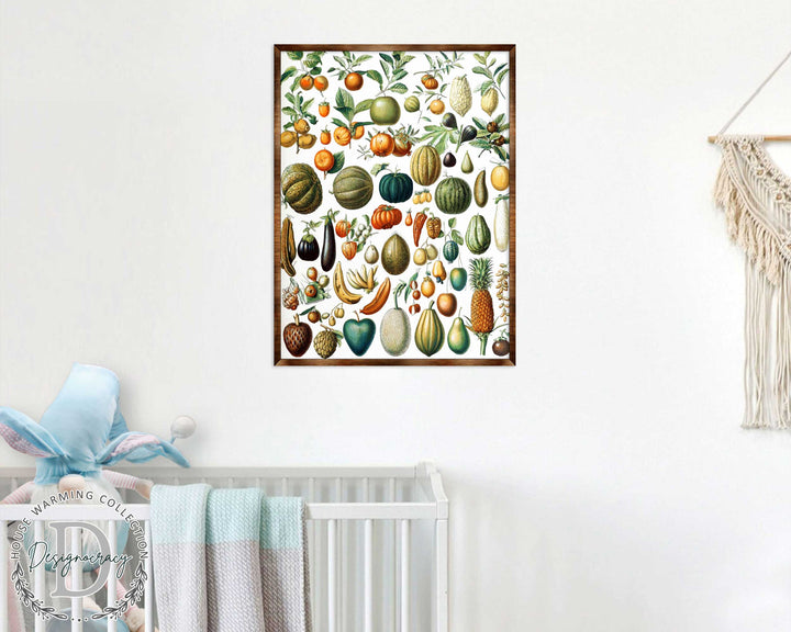 Framed fruit-themed wooden kids poster displaying colorful illustrated fruit and foliage