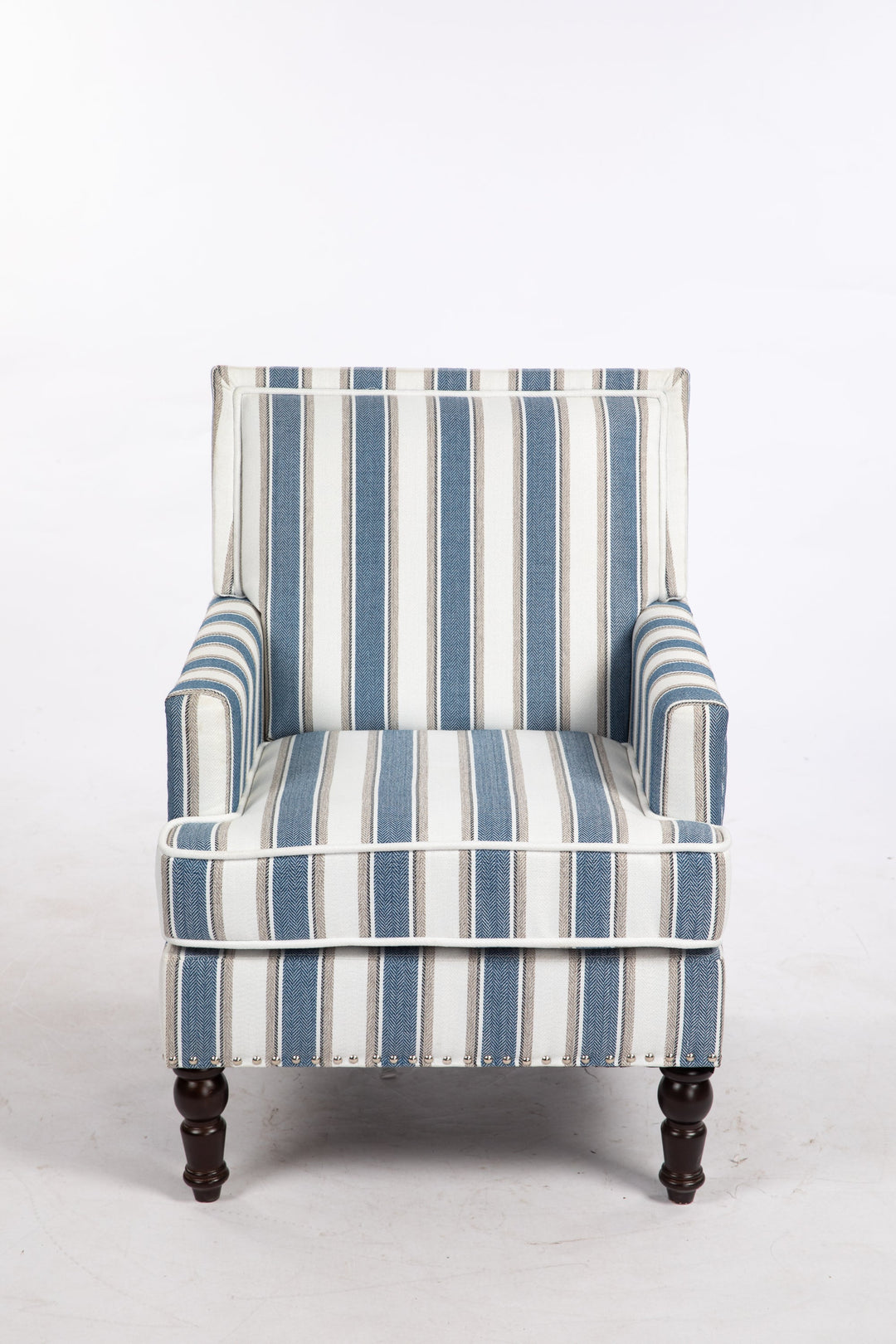 Accent Chair Vintage Striped Linen Blue White Nailhead Solid Wood Legs