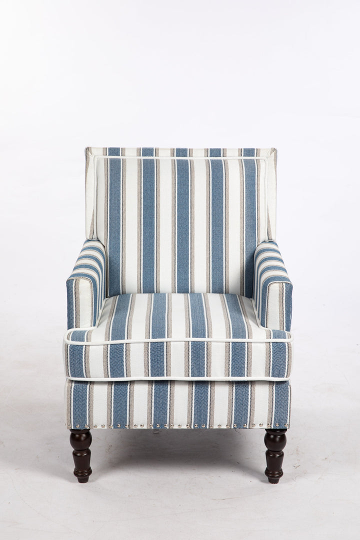 Accent Chair Vintage Striped Linen Blue White Nailhead Solid Wood Legs