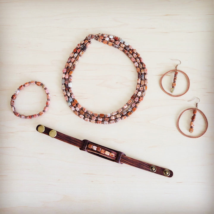Triple-strand beaded collar necklace with rust, pink, and white bead mix