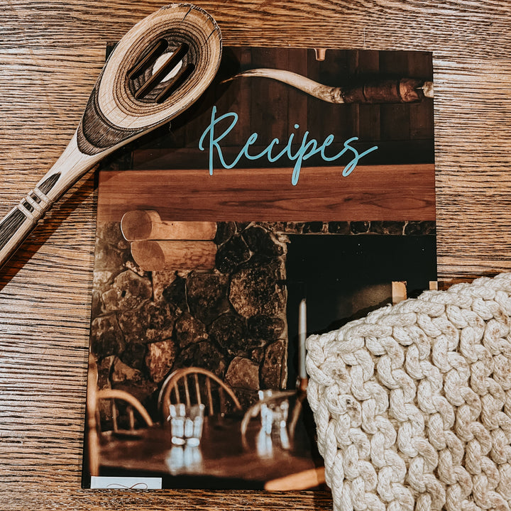 Recipe book with spiral binding and “Recipes” title on wood-toned cover
