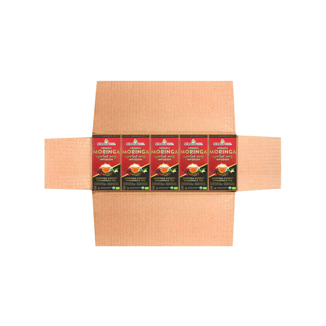 Cardboard carton with row of Miracle Tree organic moringa tea boxes