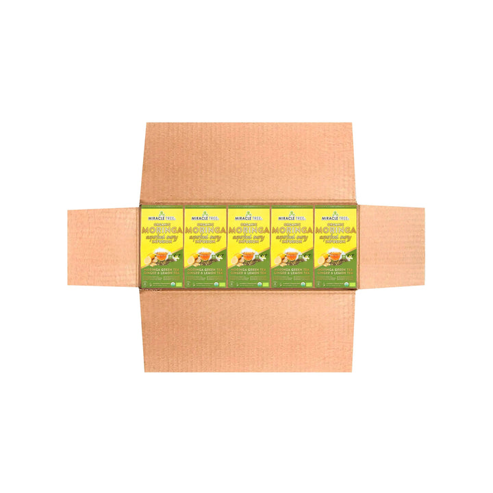 Tea sampler box with multiple Miracle Tree organic moringa ginger & lemon tea sachets