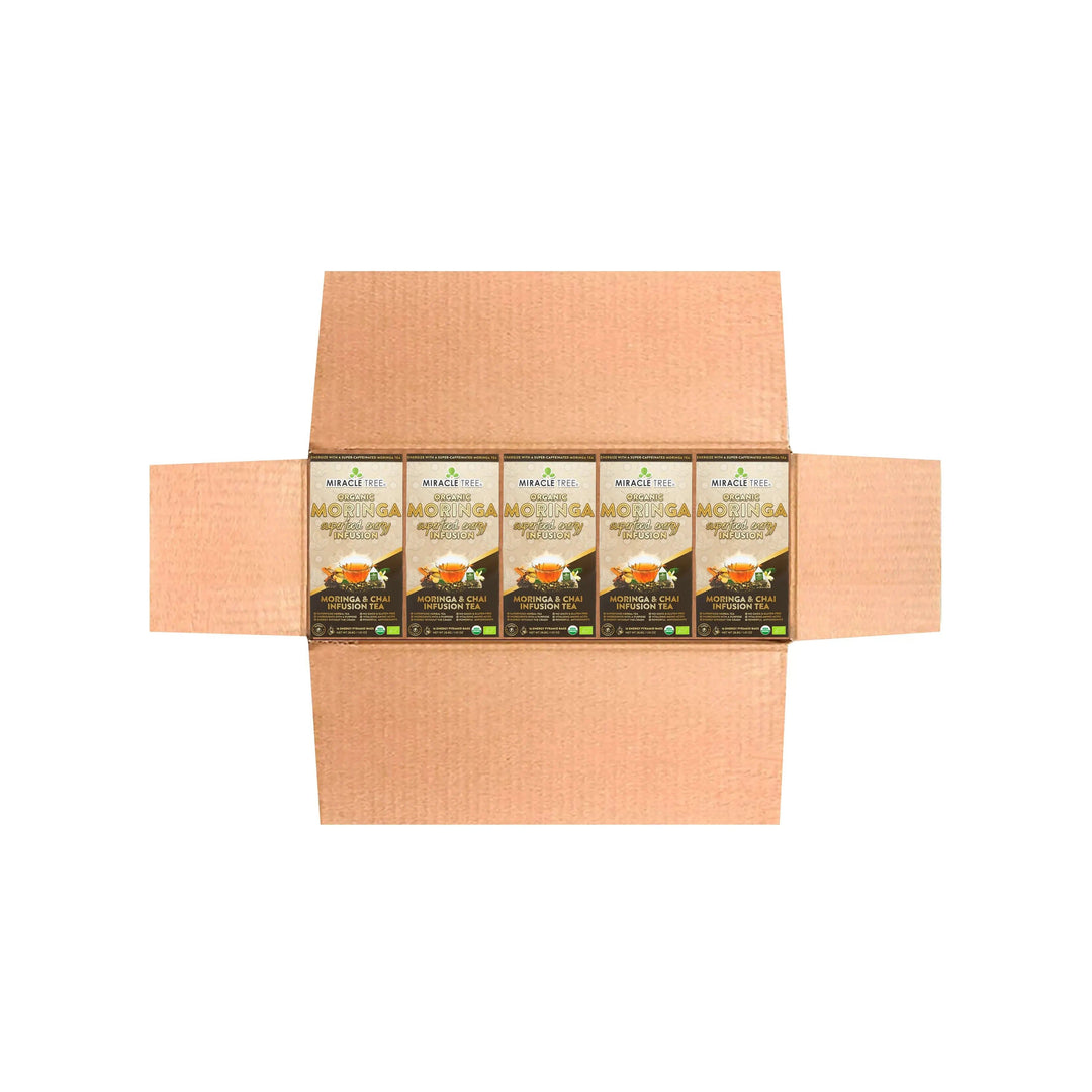Cardboard multipack with five Miracle Tree organic moringa chai tea boxes