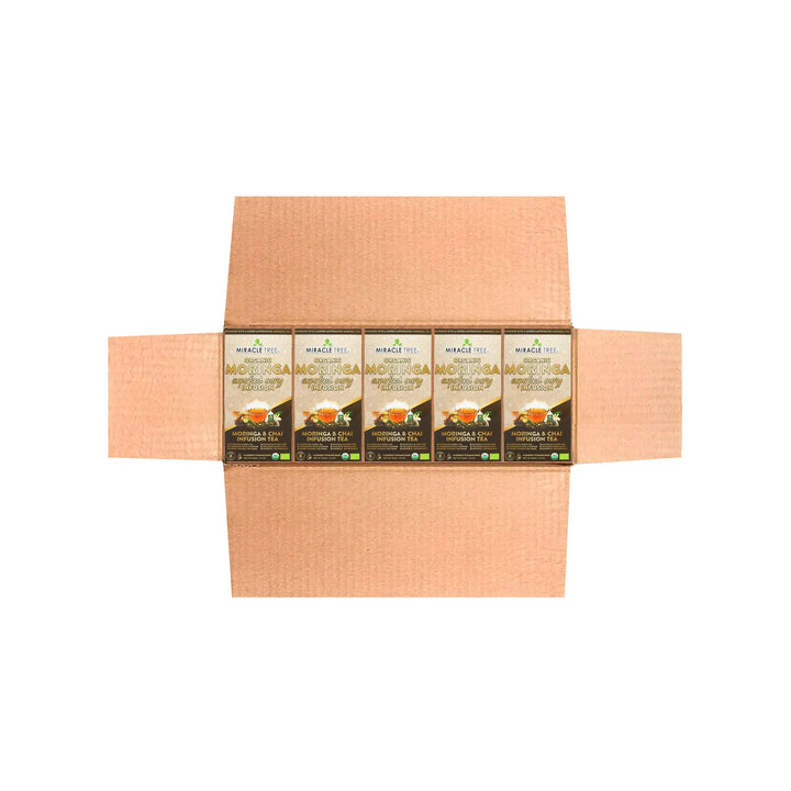Cardboard multipack with five Miracle Tree organic moringa chai tea boxes