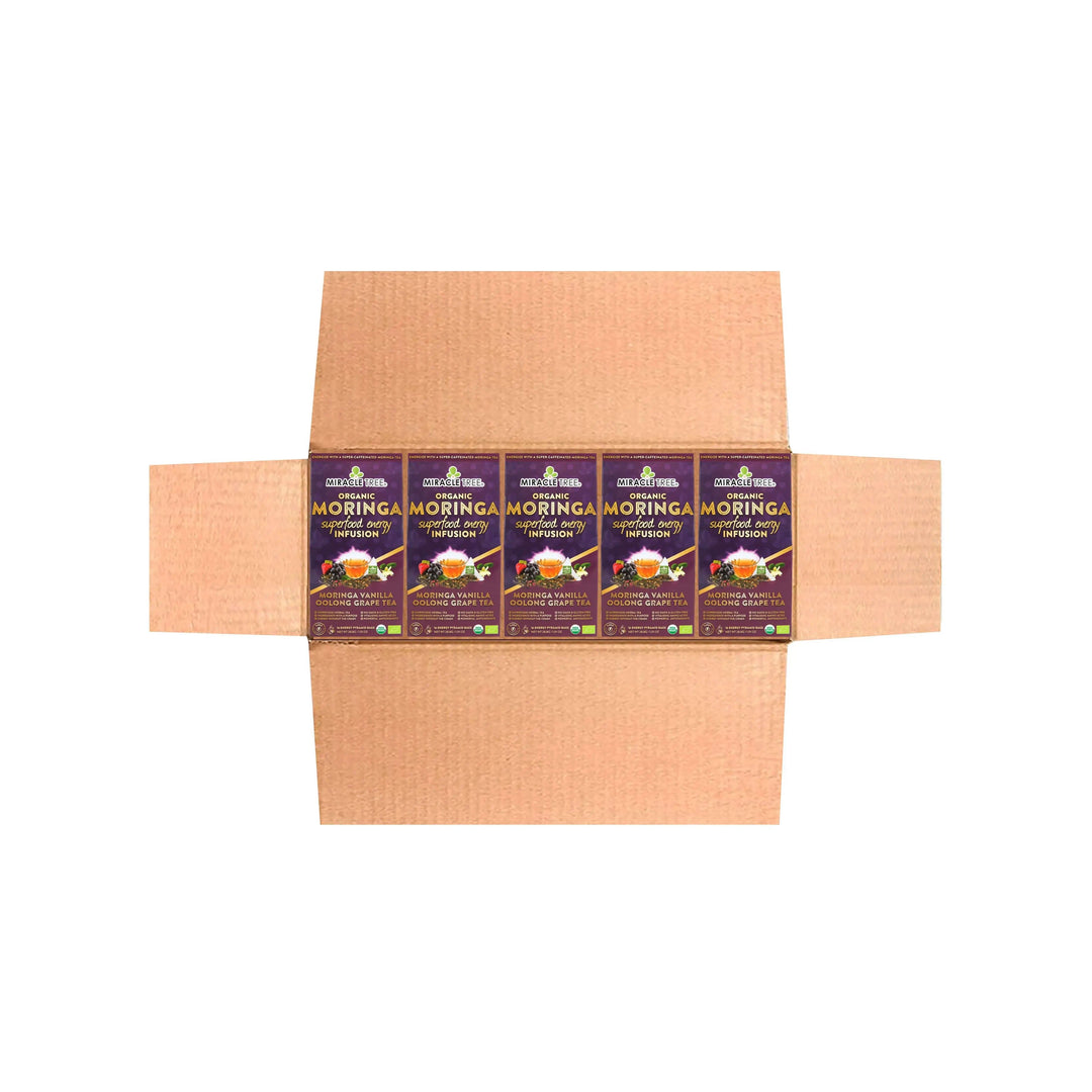 Organic moringa tea pack bundle showing row of grape vanilla oolong grape tea boxes