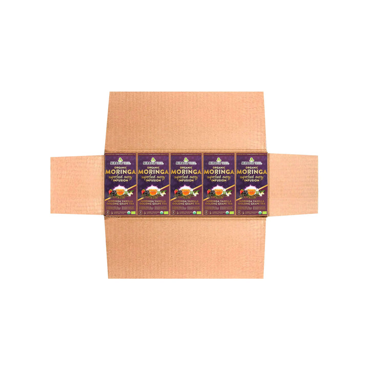Organic moringa tea pack bundle showing row of grape vanilla oolong grape tea boxes