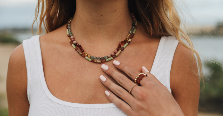 Rainbow stone bead amber necklace, multicolored beads on neckline.