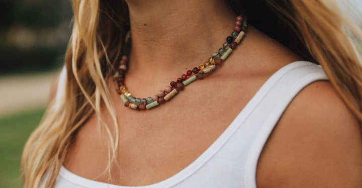Rainbow stone bead amber necklace with multicolored beads on side of neck.