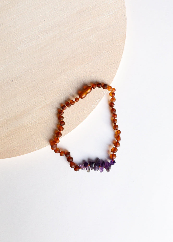 Raw amber and amethyst beaded necklace with teardrop amethyst accents
