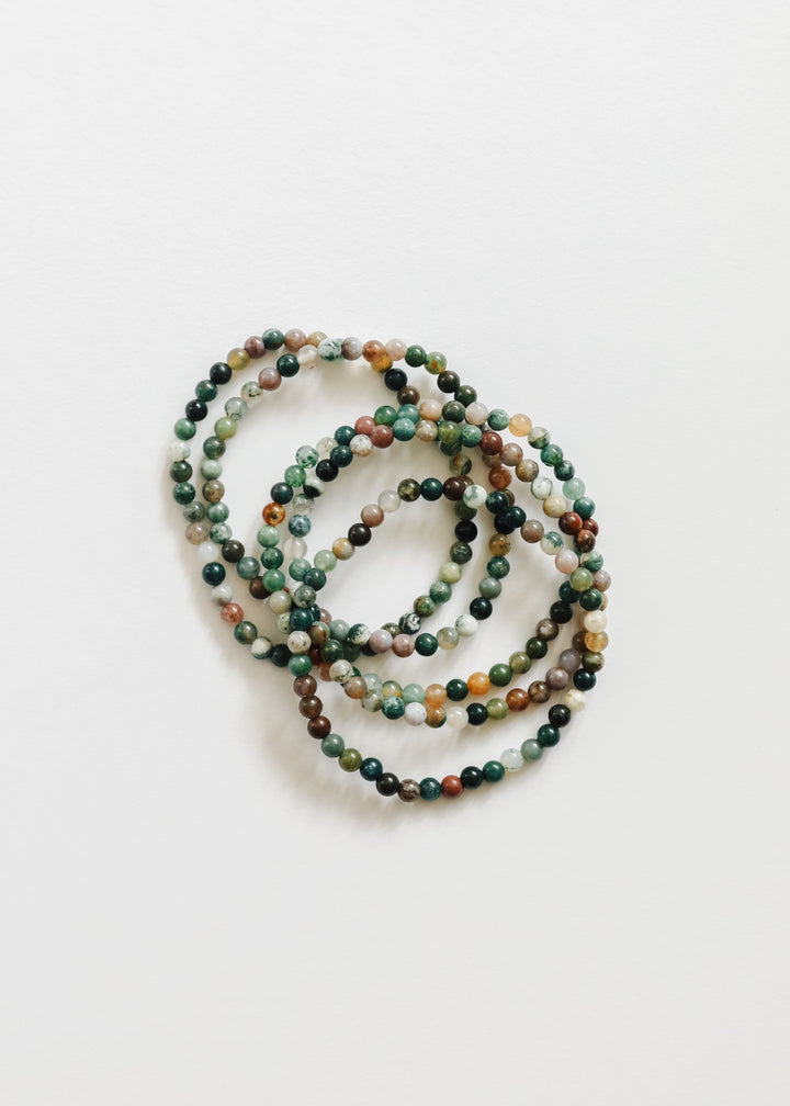 Polished agate bead bracelet with dark green and brown multi-color beads, adult size