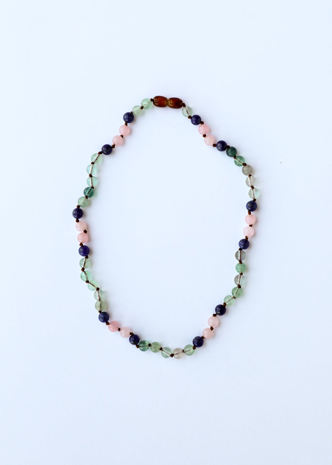 Fluorite and lapis lazuli bead necklace with pink rose quartz accents