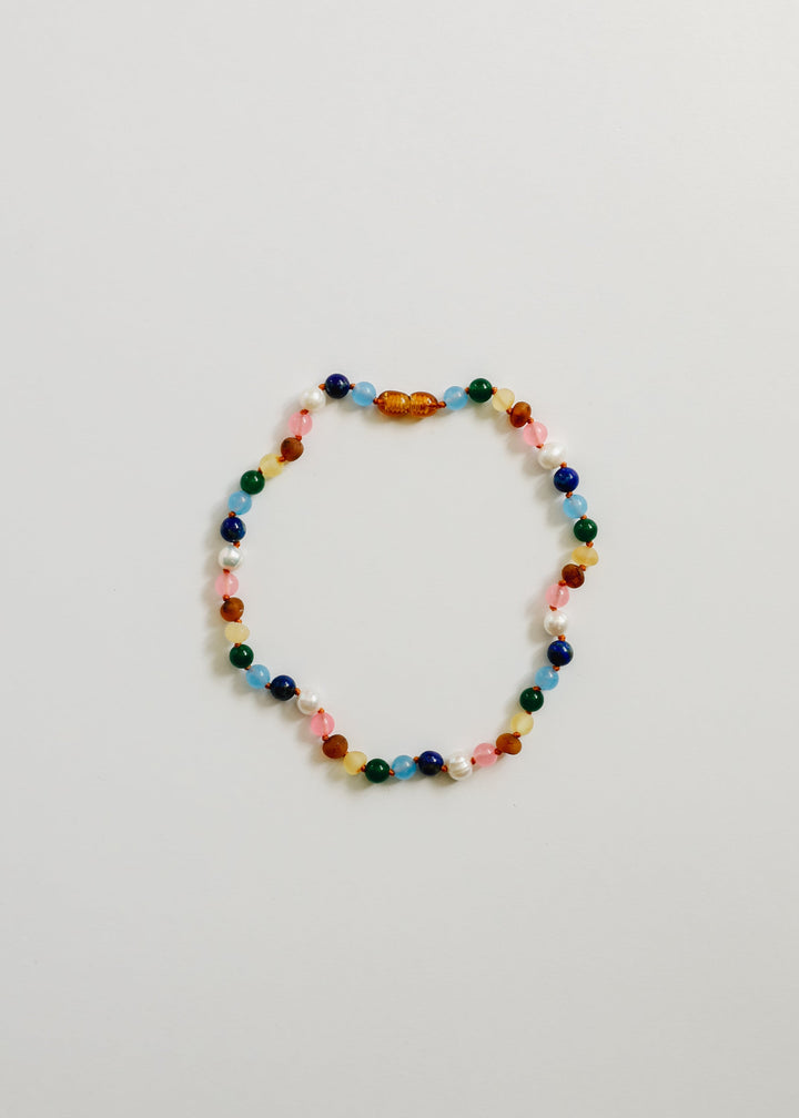 Raw Baltic Amber and Pearl Necklace + Sweet Pink Gemstones
