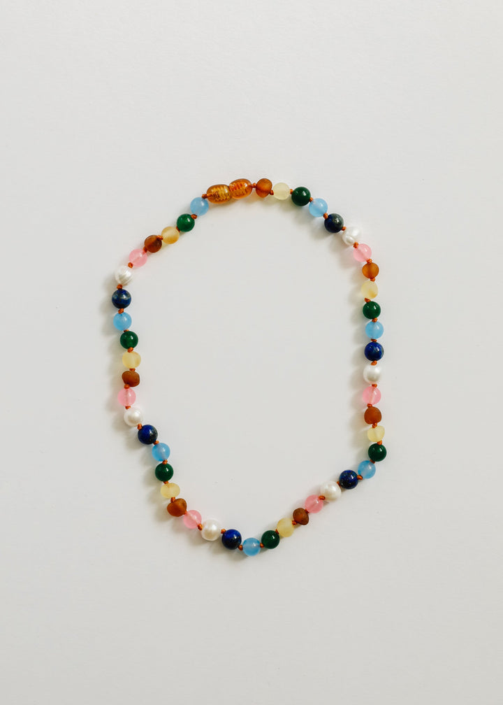 Raw Baltic Amber and Pearl Necklace + Sweet Pink Gemstones