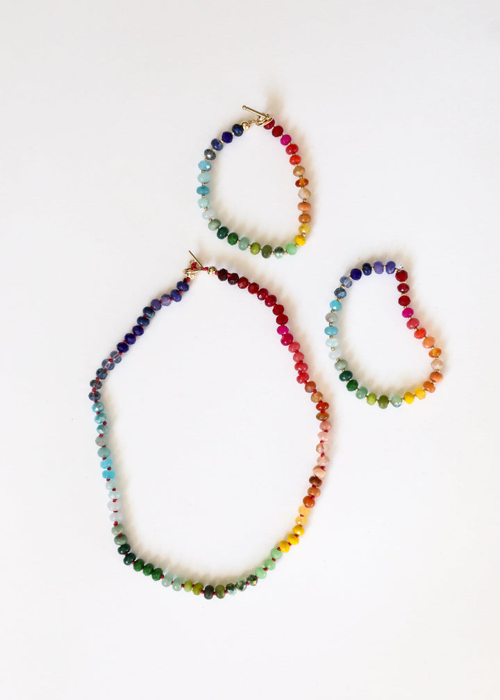 Rainbow bead gemstone necklace with matching drop earrings, gold toggle clasp