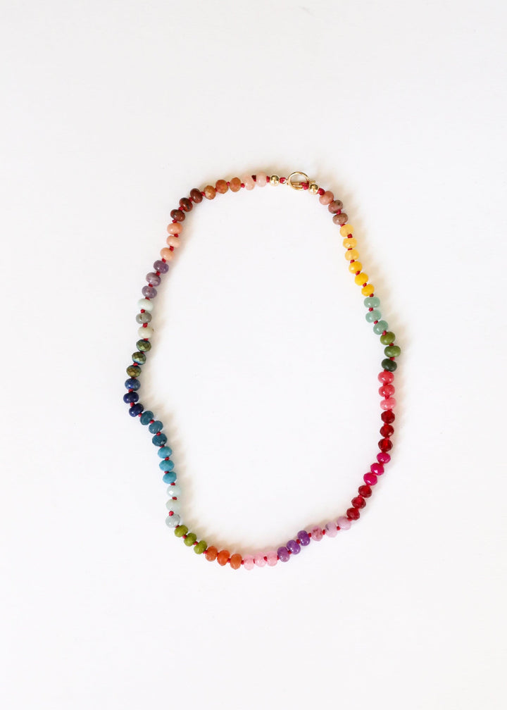 Multicolor beaded gemstone necklace with round rainbow beads and gold-tone hardware