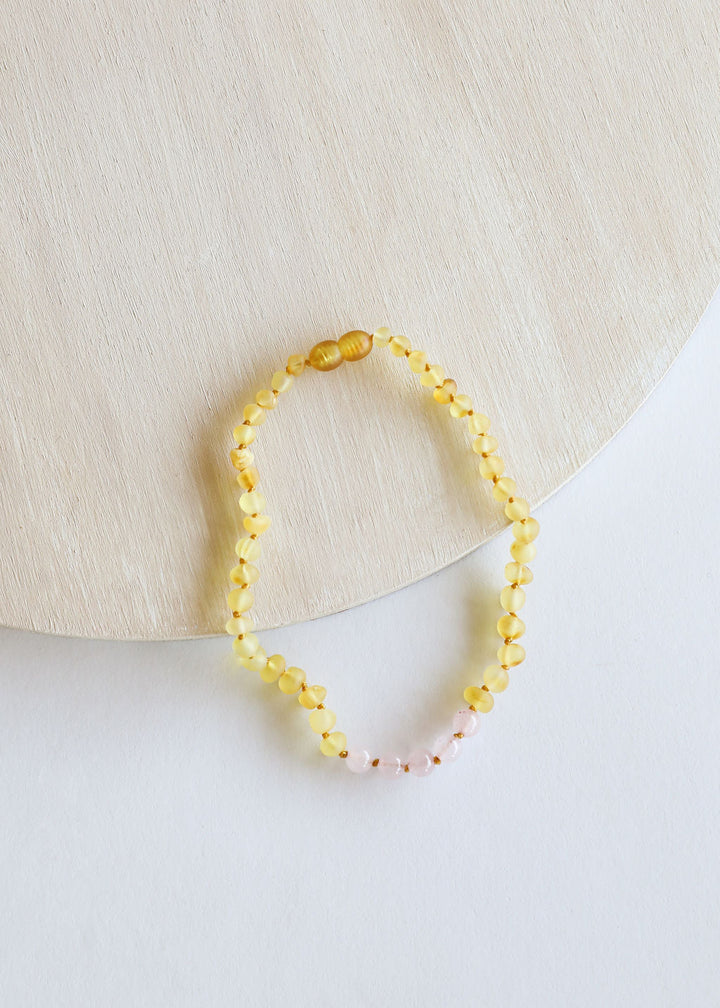 Raw Honey Baltic Amber + Rose Quartz || Necklace