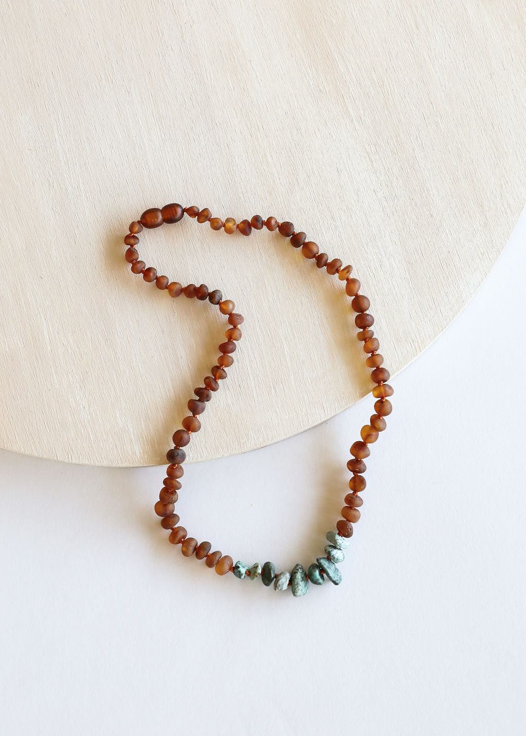Raw cognac amber bead necklace with turquoise jasper raw stones on cord