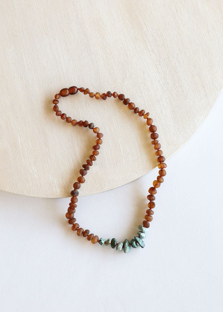 Raw cognac amber bead necklace with turquoise jasper raw stones on cord