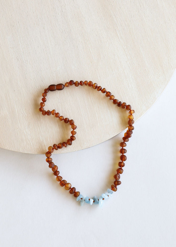 Raw Cognac Baltic Amber + Aquamarine || Necklace