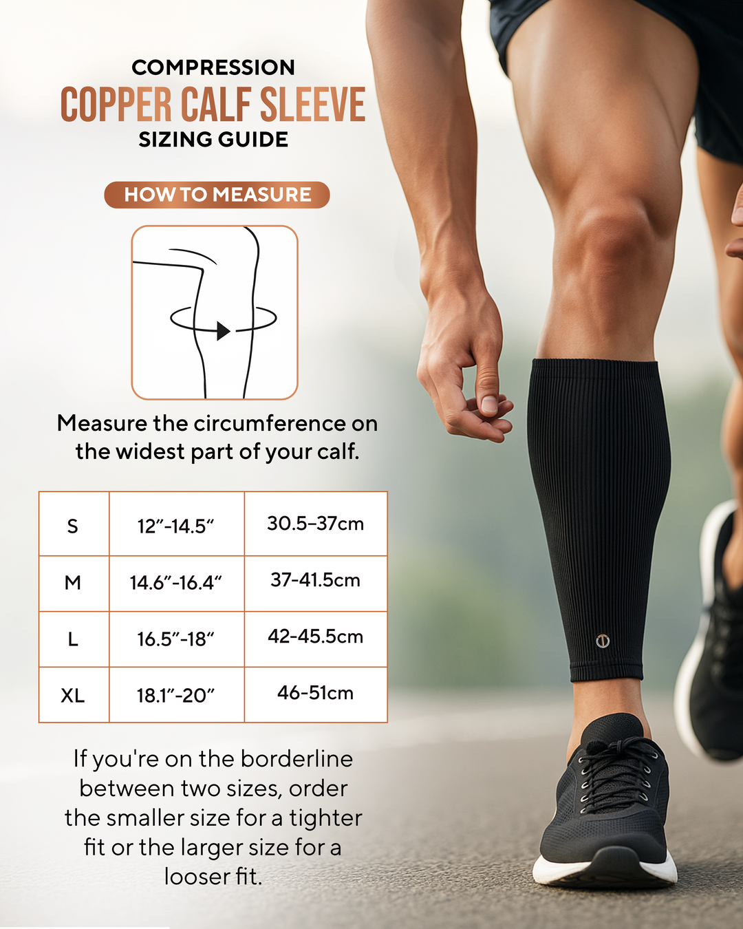 Black compression calf sleeve with ribbed fabric and small logo patch