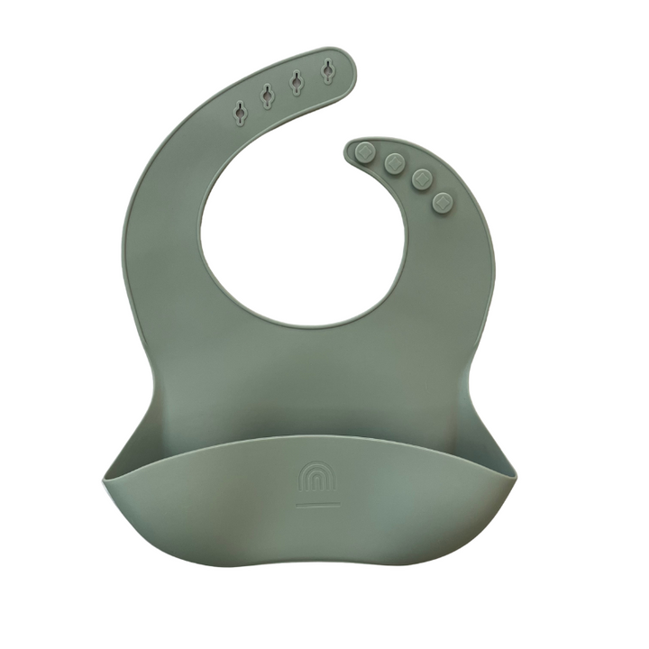 Sage green silicone bucket bib with front pocket and suction cup snap details