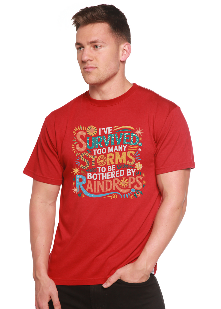 Unisex graphic t-shirt, red, colorful storm-themed front print.