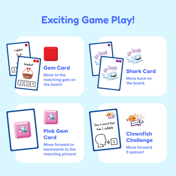 Squishyland game play cards: gem card, shark card, pink gem card, and clownfish challenge.