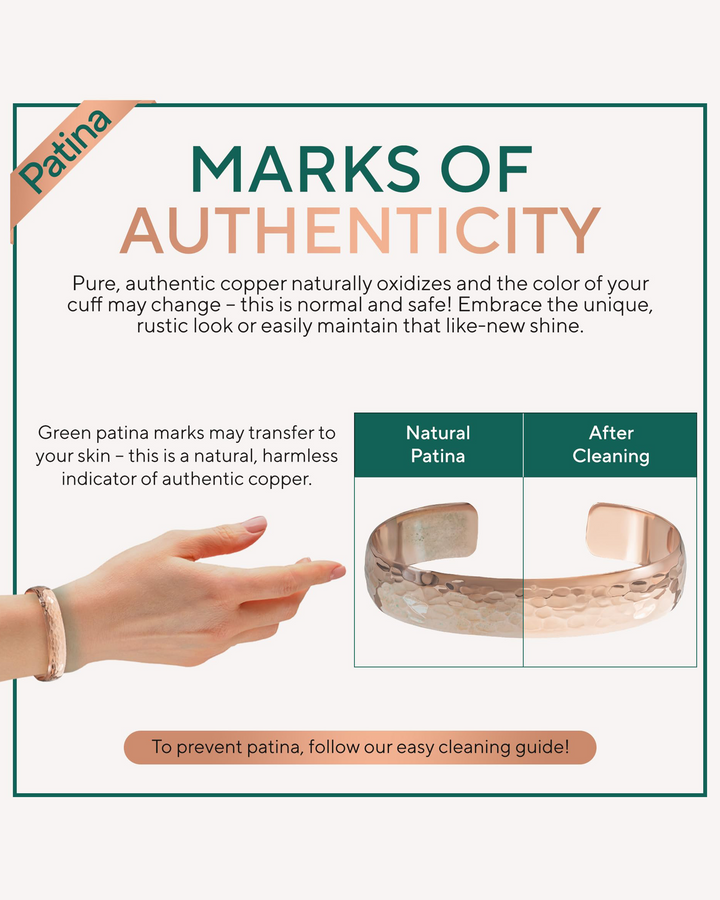 Hammered copper cuff bracelet with natural patina look, wide solid copper band