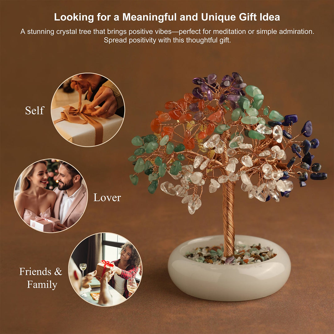Large multicolor crystal gemstone tree with gold branches and white oval base