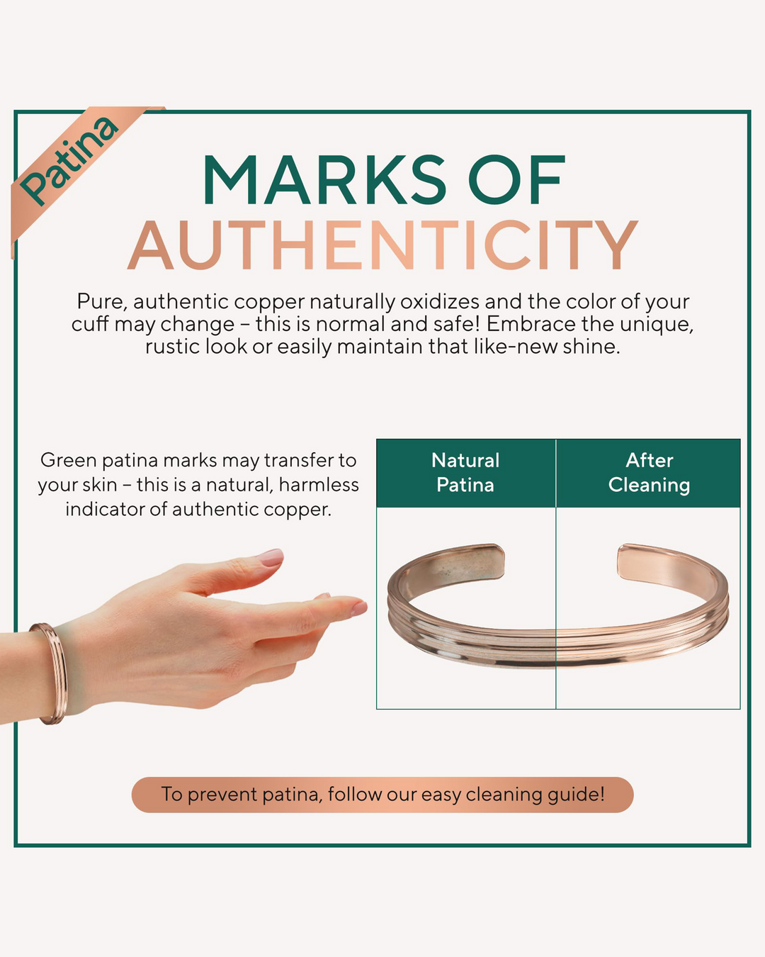 Copper cuff bracelet with tiered design and smooth inner surface