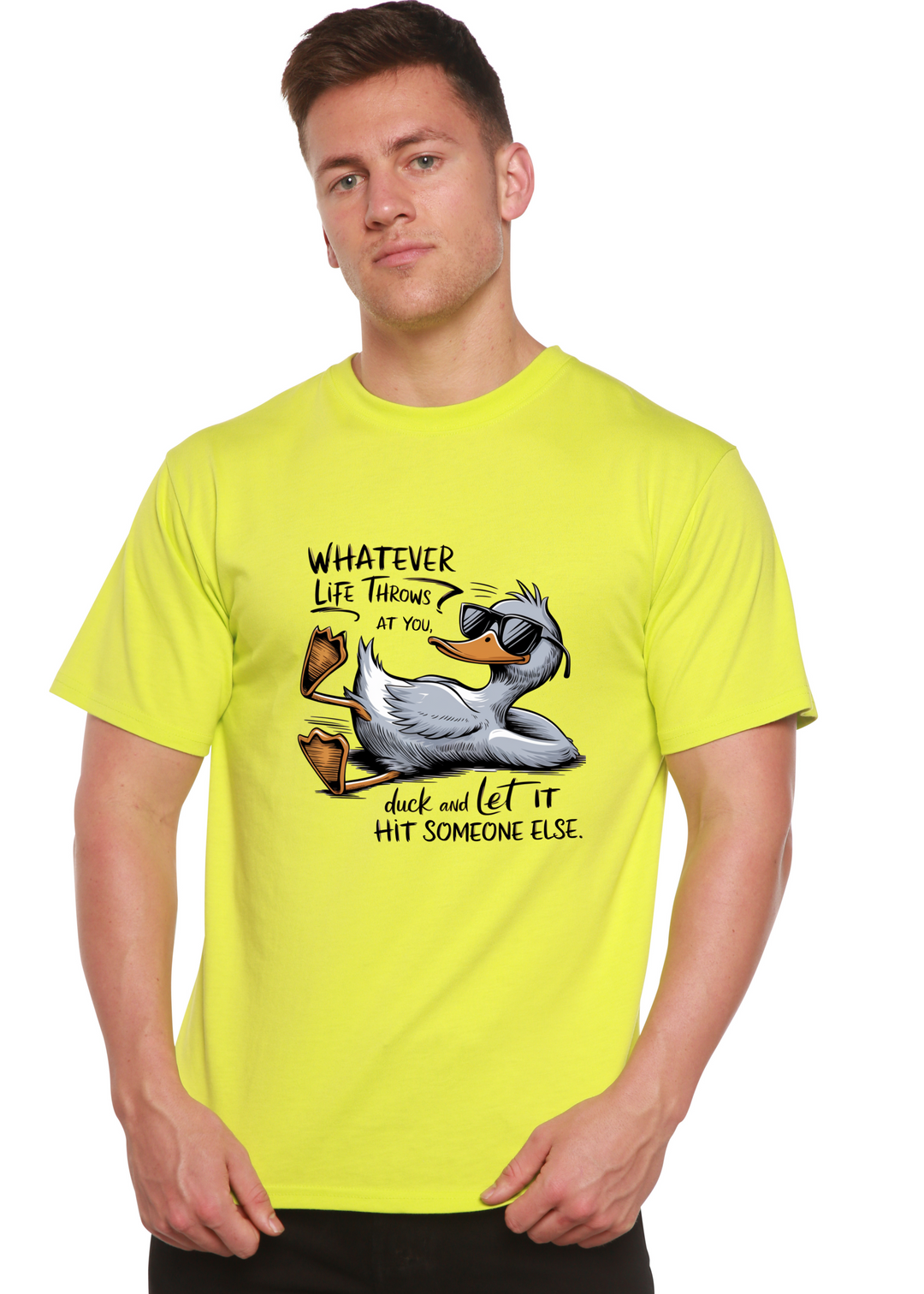 Bright yellow-lime unisex graphic T-shirt with duck illustration and motivational text