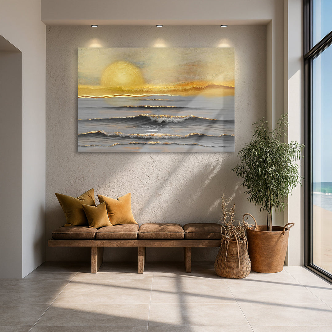 Seascape wall art canvas with golden sun over ocean waves, hung on interior wall
