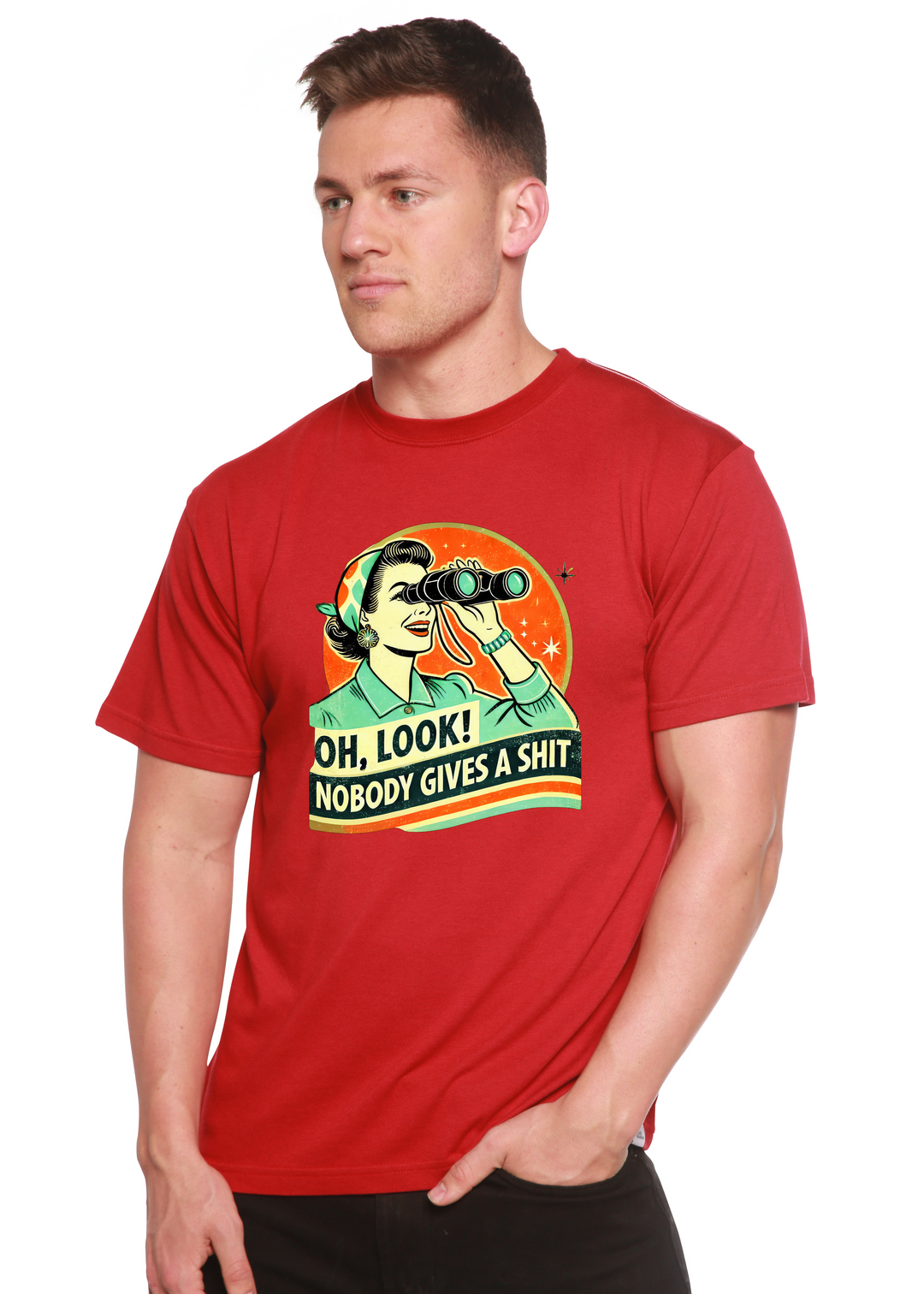 Red unisex graphic T-shirt with retro woman holding binoculars.