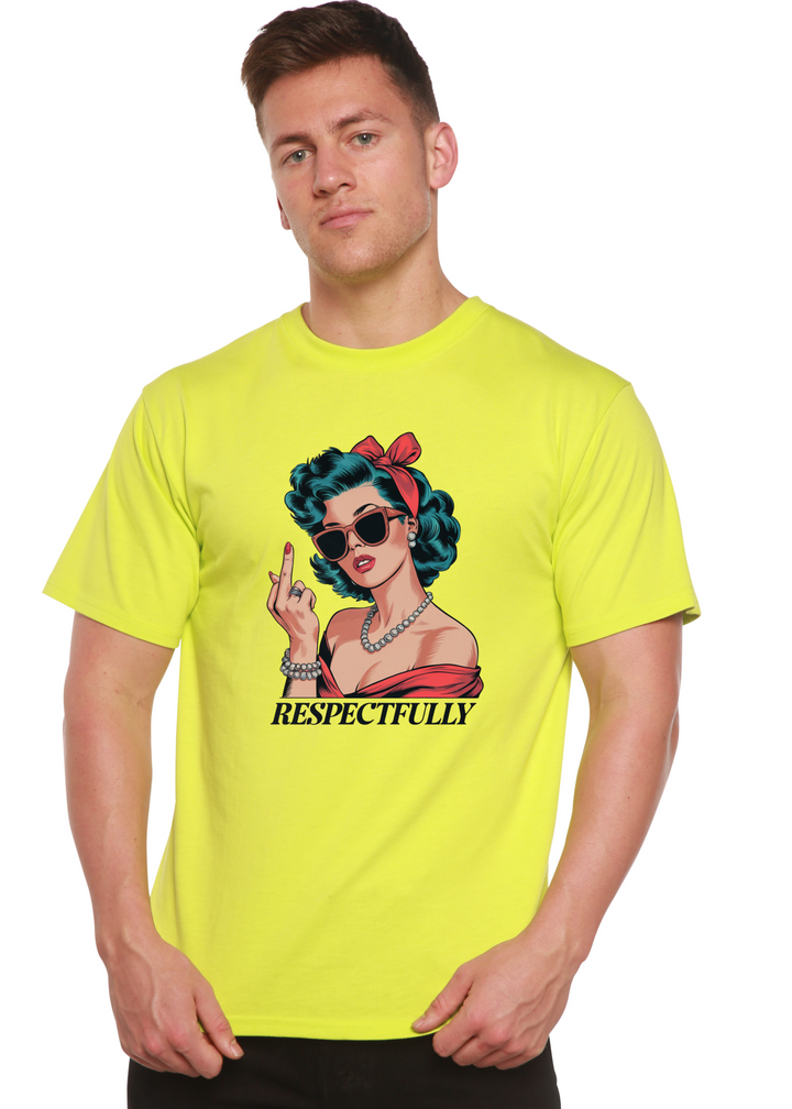 Unisex graphic T-shirt in bright lime yellow with illustrated woman and raised two-finger gesture
